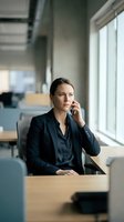 Professional businesswoman talking on phone at modern office desk near window. Corporate executive making important call during workday.
