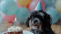 Small black and gray mixed breed dog wearing party hat celebrating birthday with cake and candle surrounded by colorful balloons for pet celebration.