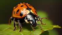 Orange ladybug with black spots resting on green leaf in natural macro photography showing detailed insect anatomy and vibrant colors for nature content.