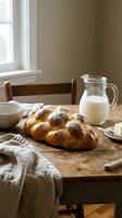 Fresh braided challah bread on rustic wooden table with milk pitcher and butter, warm natural lighting creates cozy kitchen atmosphere for baking.