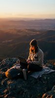 Woman working on laptop at mountain summit during golden hour sunrise with expansive valley landscape below, remote work and outdoor adventure concept.