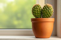Heart-shaped prickly pear cactus in terracotta pot on windowsill with soft natural light and blurred green background, home gardening concept.
