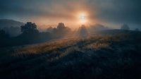 Misty rural landscape at sunrise with golden sunlight breaking through fog over rolling hills and scattered trees, suitable for nature and environmental backgrounds.