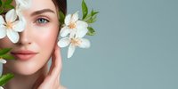 Young woman with natural beauty look touching face, white jasmine flowers covering eye against teal background. Skincare and natural cosmetics concept.
