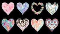 Collection of eight decorative hearts with varied artistic styles, isolated on transparent background. Features watercolor, geometric, floral, and ornamental designs. Ready for t-shirt designs, stickers, clipart, sublimation, print-on-demand products, and digital crafts.
