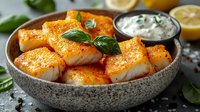 Grilled cod fish pieces with crispy golden crust and spices served in ceramic bowl with sauce, fresh basil leaves, and lemon for seafood restaurant menu.