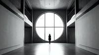 Modern minimalist interior with solitary figure standing before large circular window in monochromatic architectural space. Suitable for corporate, editorial, and design projects.