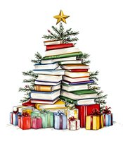 Creative Christmas tree made from stacked books with evergreen branches, golden star on top and colorful wrapped presents underneath on white background.