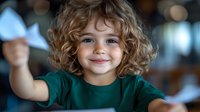 Cheerful preschool child with curly blonde hair and bright smile wearing green t-shirt, expressing joy and happiness in natural indoor lighting.