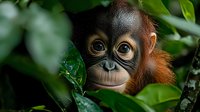 Young orangutan peering through lush green foliage with curious expression, close-up portrait showing soulful eyes and gentle face amid rainforest leaves.
