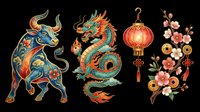 Ornate bull with decorative patterns, dragon with flames, and floral lantern elements isolated on transparent background. Ready for t-shirt design, clipart, stickers, sublimation, and print-on-demand projects.