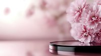Soft pink carnation flowers on elegant dark platform with dreamy bokeh background for luxury product display and feminine branding campaigns.