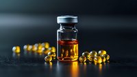 Medical glass vial with amber liquid surrounded by translucent yellow supplement capsules on dark background with dramatic lighting and reflection.