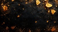 Scattered gold nuggets and dust on dark textured background with copy space. Raw precious metal pieces create luxurious mineral composition.