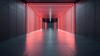 Modern corridor with glowing neon red light frames creating futuristic tunnel perspective effect. Dark concrete walls and reflective floor add depth and atmosphere.