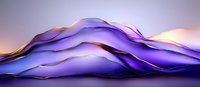 Abstract purple and gold waves creating fluid mountain-like shapes against soft gradient background, flowing lines with metallic accents form elegant landscape silhouette.