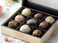 Assorted luxury chocolate truffles in elegant gift box featuring dark, milk and white chocolate varieties with decorative toppings and drizzles for special occasions.