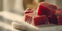 Fresh raw beef cubes on white marble cutting board, showcasing vibrant red color and marbling for gourmet cooking preparation.