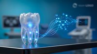 Digital holographic tooth projection with network connections on tablet screen representing modern dental technology and telemedicine healthcare innovation.