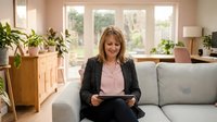 Middle-aged Caucasian businesswoman using tablet computer while sitting on gray sofa in bright modern living room with plants and natural lighting.