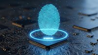 Glowing blue fingerprint hologram on computer circuit board representing biometric security, digital identity verification and cybersecurity technology concepts.