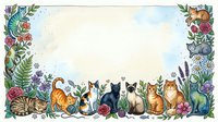 Watercolor floral frame with cute cats sitting in garden border, decorative botanical illustration with felines and flowers for greeting cards and invitations.