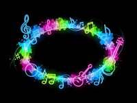 Colorful neon musical notes and treble clefs forming glowing oval frame on black background for entertainment and music design projects.