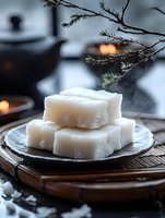 Fresh white coconut jelly dessert squares on traditional plate with pine branches and candlelight creating cozy winter atmosphere for food photography.