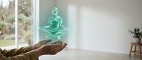 Glowing green holographic meditation figure floating above cupped hands in modern bright interior space for wellness and mindfulness concepts.