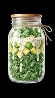 Mason jar salad with fresh kale, avocado, and creamy dressing isolated on transparent background. Ready for recipe blogs, meal prep designs, and food packaging.
