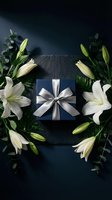 Navy blue gift box with silver ribbon surrounded by white lilies and green foliage on dark background, elegant flat lay for luxury occasions.