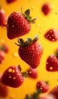 Fresh ripe strawberries floating in air with water drops on vibrant yellow background. Levitating fruit concept for summer drinks and healthy food advertising.