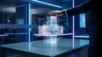 Businessman hand touching holographic digital interface with data visualization in futuristic technology laboratory environment for innovation presentations.