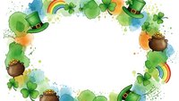 St. Patrick's Day festive frame with leprechaun hats, shamrocks, rainbows and gold pots on white background for holiday greeting cards and decorations.