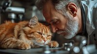 Senior Caucasian man with gray beard sharing tender moment with ginger cat, close-up portrait in moody lighting showing bond between pet and owner.