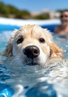 Close-up portrait of wet Golden Retriever puppy swimming in blue pool water on sunny summer day, with focused view on dog's face and nose.