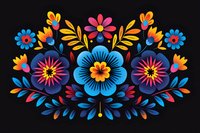 Vibrant folk art floral composition with blue, yellow, and pink blooms against black background. Traditional ornamental style with symmetrical arrangement and decorative leaves.