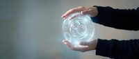 Hands holding glowing digital gear icon representing technology, innovation, and business solutions for corporate and industrial applications.
