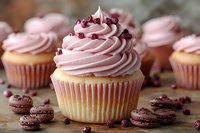 Pink frosted vanilla cupcake topped with dried cranberries and surrounded by chocolate macarons on rustic wooden surface, selective focus on front cupcake.
