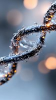 Frozen branch covered with ice crystals and water droplets creating sparkling winter texture with warm bokeh lights in soft focus background.