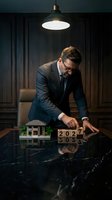 Middle-aged Caucasian male real estate developer or architect in business suit arranging property models and year blocks on marble desk under pendant lamp for corporate planning.