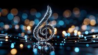 Glowing musical treble clef with sparkles and bokeh lights on dark background, staves with notes creating magical atmosphere for music events and concerts.