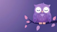 Sleeping purple owl on branch with pink leaves against violet background. Cute cartoon character for children room decoration, greeting cards and nursery art.