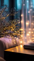 Magical fairy lights create cozy atmosphere with bokeh effect and warm glow on window background, intimate home setting with decorative string lights.