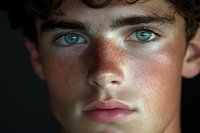 Close up portrait of young male with striking blue eyes and natural freckles across nose and cheeks in dramatic lighting, showing natural skin texture and features.