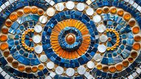Intricate mosaic mandala with blue, orange and white ceramic tiles in concentric circles. Decorative pattern for meditation spaces and artistic projects.