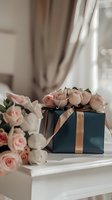Elegant navy blue gift box decorated with peach ribbon and fresh pink roses on white surface, soft natural lighting creates romantic atmosphere for special occasions.