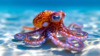 Vibrant orange octopus in crystal clear water shows detailed tentacles and suction cups against blurred aqua background, creating underwater macro photography effect.