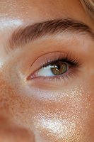 Close-up of green eye with glowing glitter makeup and long eyelashes on dewy skin, highlighting natural freckles and defined eyebrow for beauty and cosmetic advertising.