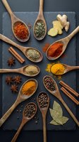 Colorful spices and herbs arranged in wooden spoons on dark slate background. Fresh ginger, turmeric, paprika, cinnamon sticks create culinary cooking display.